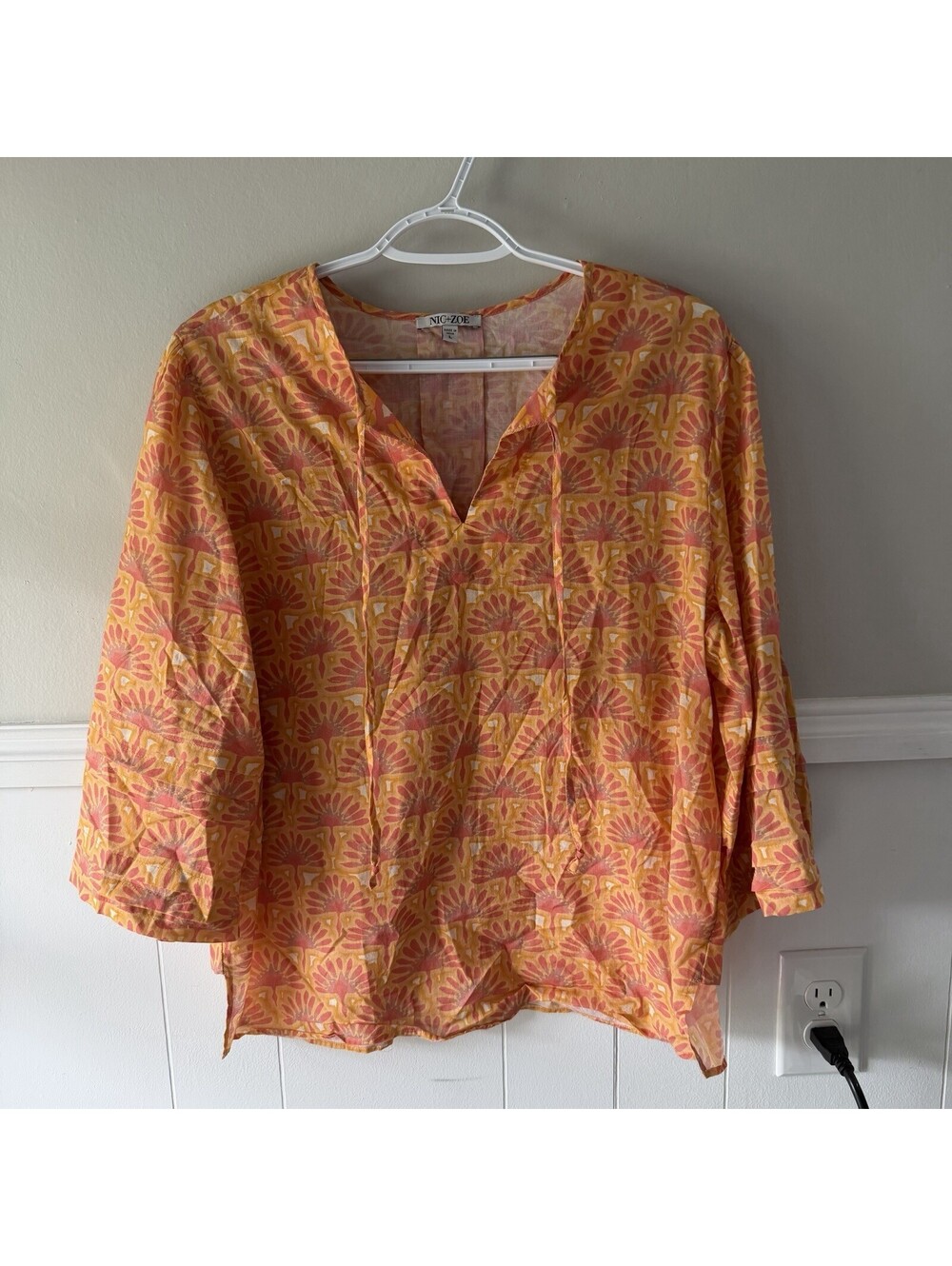 Nic + Zoe Swan Rays Neck Tie Cotton Boho Blouse In Orange Print Sz L